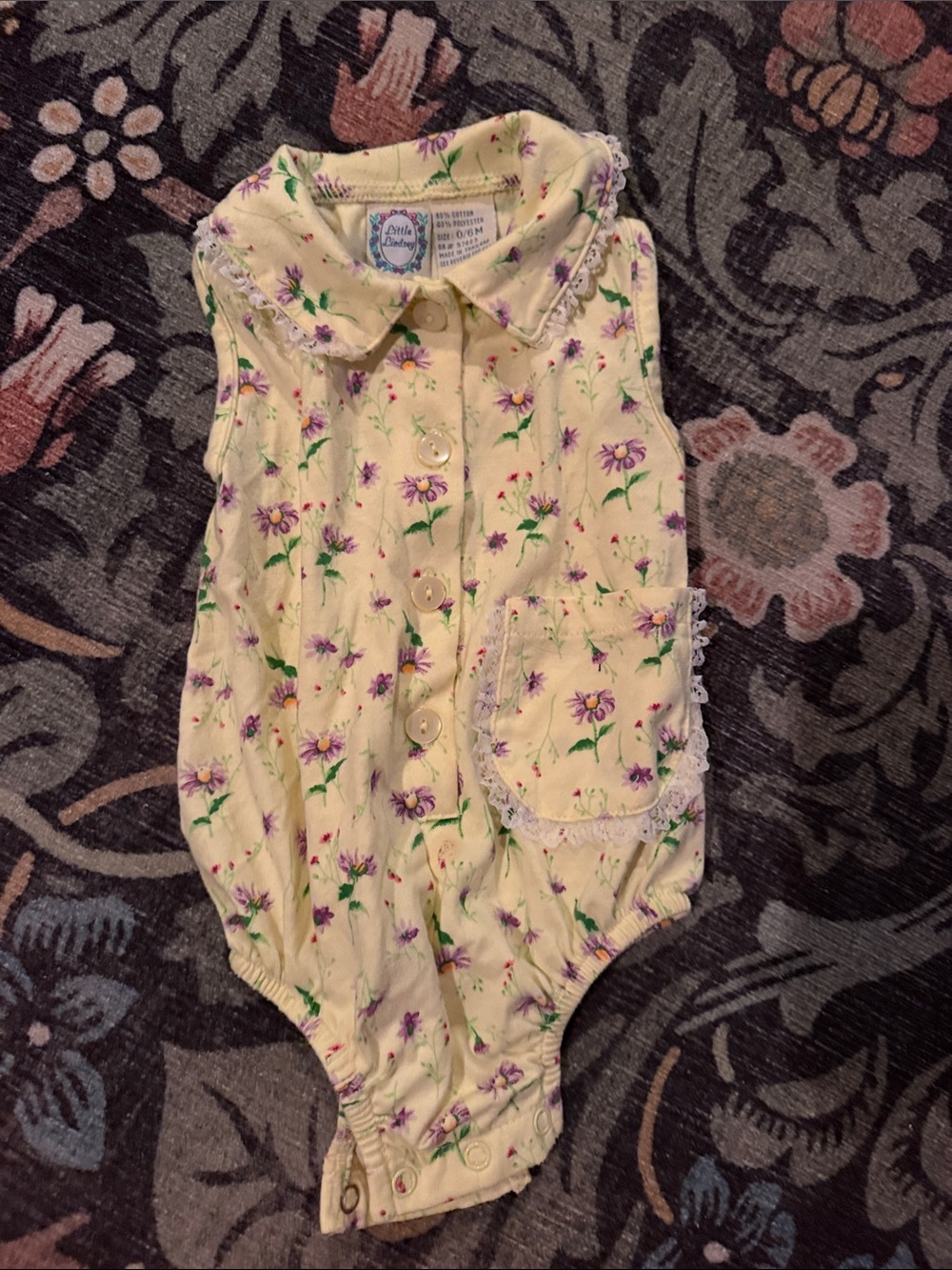 Yellow Floral Sleeveless Baby One-Piece with Lace-Trim Pocket
